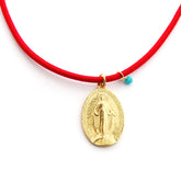 VIRGEN MILAGROSA DOR - collar medalla dorada 20x28mm con elástico rojo
