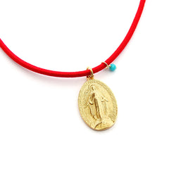 VIRGEN MILAGROSA DOR - collar medalla dorada 20x28mm con elástico rojo