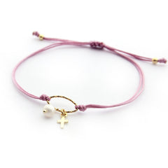ANNIE DOR - pulsera perla y cruz dorada 5x6mm