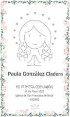 PACK OF 25 FIRST COMMUNION REMINDERS WITH DRAWING OF A CUTE SKY FLOWER FRAME